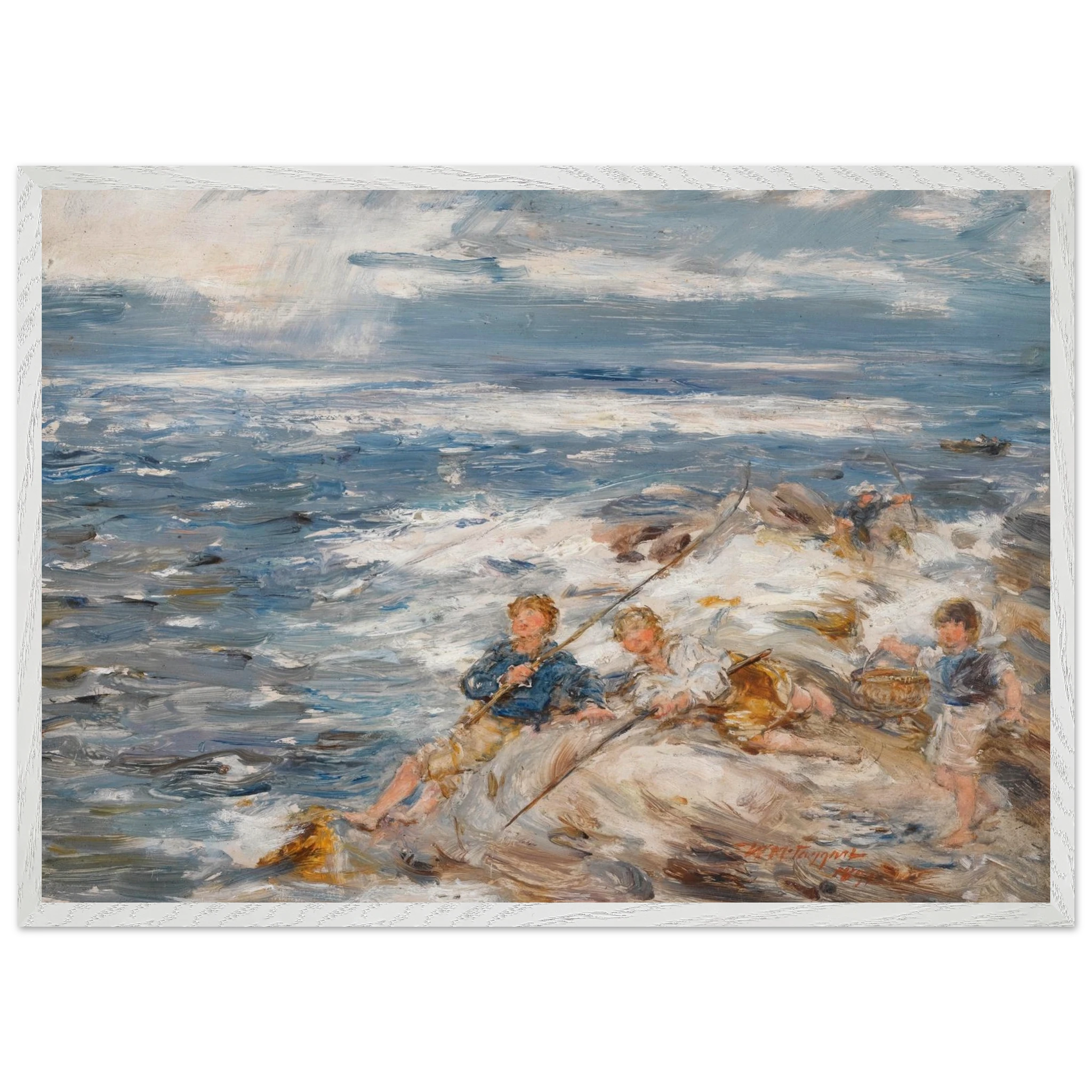 White frame reproduction print – Fishing From The Rocks (1891) by William McTaggart