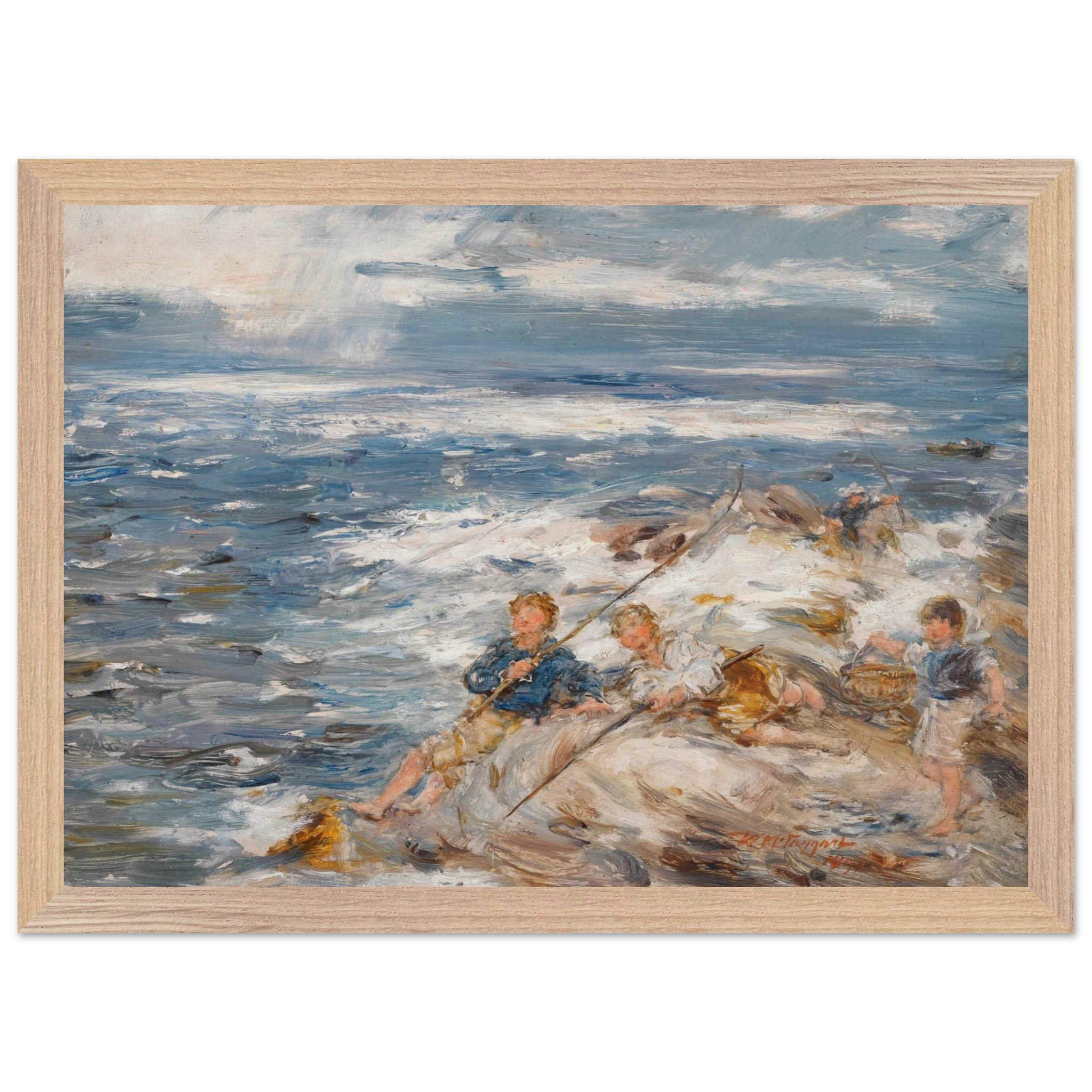 Framed William McTaggart print – Fishing From The Rocks (1891) Scottish seascape in oak or ash frame